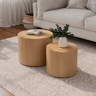 Modern Round Pine Wood Coffee Table - Golden Natural Finish with Carving Patterns