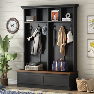 ON-TREND Farmhouse  4-in-1 Hall Tree with Wood Grain Bench, Mudroom Versatile Coat Rack with 2 Large Drawers, Large Entrance Organizer with 6 Black Hooks for Hallway, Living Room, Black, 55.9"Wx75.6"H