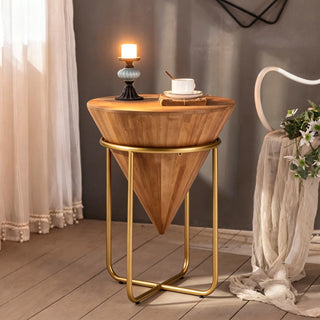 Cone-shaped round side table with natural wood top and gold metal frame
