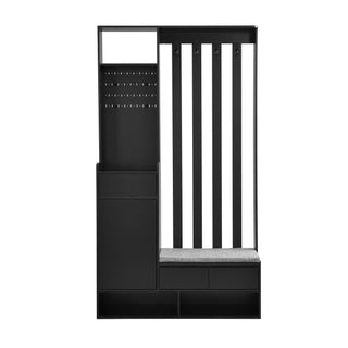 ON-TREND Contemporary 39.3''Wx70.8''H Hall Tree  Storage with Cushioned Storage Bench, Multifunctional Hallway Shoe Cabinet with Pegboard, Modern Coat Rack with 4 Hooks for Entryway, Mudroom, Black