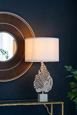 White & Silver Leaf Table Lamp (29.3" Height) w/ White Drum Shade & Genuine Marble Base | Luxury Modern Accent Lighting for Bedroom, Living Room, Foyer (Assembly Required)