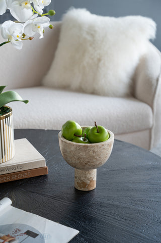 Cream Round REAL MARBLE Pedestal Bowl (6" Diameter) | Luxury Decorative Tabletop Centerpiece | Handcrafted Natural Stone Accent Dish for Home, Kitchen, & Bathroom