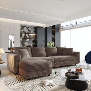 Plush Corduroy 4-Seat Sofa with Ottoman – 102.4” Modern Cloud Couch, Deep Seat Upholstered Sofa, Camel