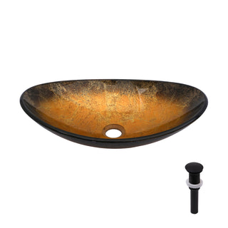 Artisanal Gold-Veined Tempered Glass Vessel Sink with Black Pop-Up Drain, Boat Shape Bathroom Sink Above Counter in Gold, 18.5 x 12 x 4.75 inches