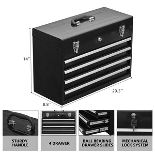 4-Drawer Portable Metal Tool Box | Steel Tool Chest with Lock & Latch Closure | Black