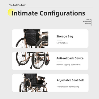 Lightweight Foldable Transport Wheelchair for Adults – Gold, Square Tube Frame, Double Brakes, Adjustable Handrail, 250 lbs Capacity, Easy Storage