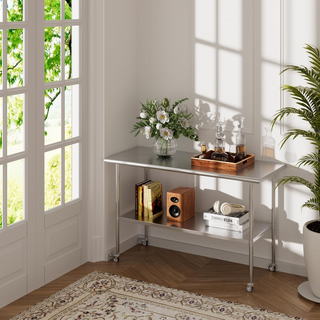 30x60 Inch Stainless Steel Table with Wheels | Commercial Metal Prep Table with Adjustable Undershelf