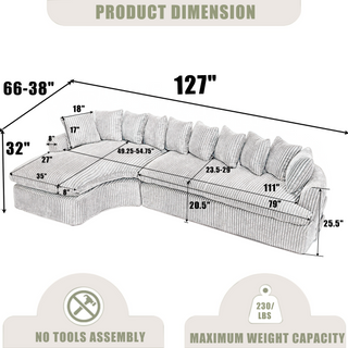 127" Large Curved Sectional Sofa – L-Shaped Left Couch, Beige Corduroy, 10 Back Cushions, No Assembly, Modern Living Room Sofa