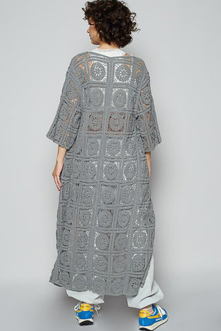 POL Tied Crochet 3/4 Sleeve Longline Cardigan