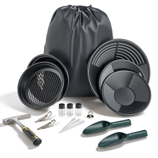 Gold Panning Kit, 10 in and 14 in Pans, 19 PCS Portable Prospecting Equipment Kit with Classifier Sieves, Sand Magnet, Rock Pick, Scoops, Backpack, and Accessories, for Outdoor Gold Recovery