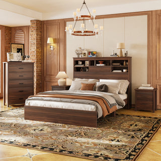 4-Piece Queen Bedroom Set | Wooden Bed with Storage & Charging Station, Dresser & Nightstands in Walnut
