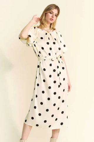 Davi & Dani Polka Dot Puff Sleeves Waist Tie Midi Dress