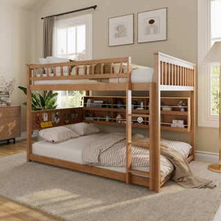 Full over Full Bunk Bed with Integrated Shelving, Color-Changing Lights and Pegboard, Brown