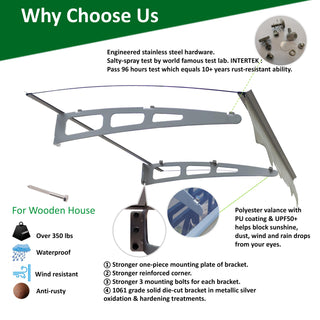 DA4734W Series Door Window Awning, 47" Wide x 34" Deep, Crystal Solid Polycarbonate Sheet and Aluminum Alloy with Valance for Wooden Wall House