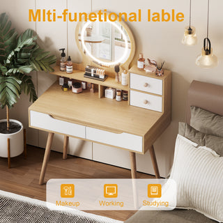 Elegant Makeup Vanity Desk with Adjustable Lighted Mirror, Solid Wood Table Feet, American White Oak, MDF, Compact Size
