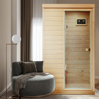 Hemlock Mini one person far infrared door on the Right of the indoor sauna room