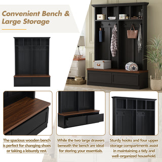 ON-TREND Farmhouse  4-in-1 Hall Tree with Wood Grain Bench, Mudroom Versatile Coat Rack with 2 Large Drawers, Large Entrance Organizer with 6 Black Hooks for Hallway, Living Room, Black, 55.9"Wx75.6"H