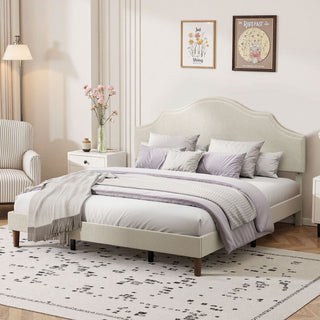 King Size Bed Frame Upholstered Platform Bed with Adjustable Headboard,Linen Fabric Padded,Modern Simple Style Platform Bed No Box Spring Needed, Easy Assembly, Beige