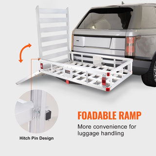 50 x 29.5 x 8.7 inch Hitch Cargo Carrier, 500lbs Capacity Trailer Hitch Mounted Cargo Basket, Aluminum Luggage Carrier Rack with Folding Ramp, Fits 2' Hitch Receiver for SUV Truck Pickup Camping