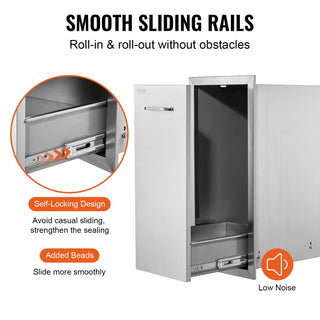 Pull-Out Trash Drawer – 13.4" W x 26" H x 19.6" D Stainless Steel Roll-Out Trash Bin with Sliding Rails & Handle for Outdoor Kitchen BBQ Island