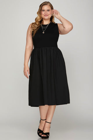 She + Sky Full Size Sleeveless Poplin Woven Midi Dress with Pockets Plus Size