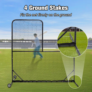 L-Shaped Baseball Net for Batting Cages – 84''H x 84''W with 42'' x 42'' Cutouts, Portable Pitching Net with Wheels and Carry Bag
