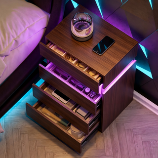 Walnut LED nightstand with 4 drawers, view 5
