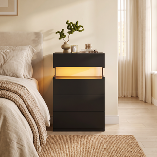 Black LED nightstand with 4 drawers and 16 adjustable light colors