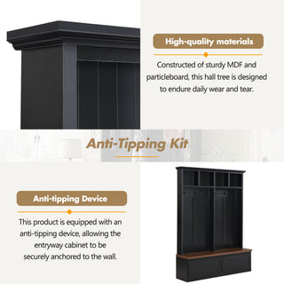 ON-TREND Farmhouse  4-in-1 Hall Tree with Wood Grain Bench, Mudroom Versatile Coat Rack with 2 Large Drawers, Large Entrance Organizer with 6 Black Hooks for Hallway, Living Room, Black, 55.9"Wx75.6"H