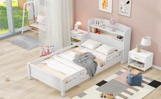 Wood Twin Size Platform Bed with Built-in LED Light, Storage Headboard and Guardrail, White