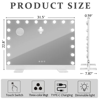 31.5" x 22.8" Hollywood Vanity Mirror with 18 LED Bulbs - Selfie Remote Control Makeup Mirror - 0.6" Ultrathin Large Tabletop &amp; Wall Mount Mirror with Magnetic Phone Holder - Dimmable Professional Beauty Station