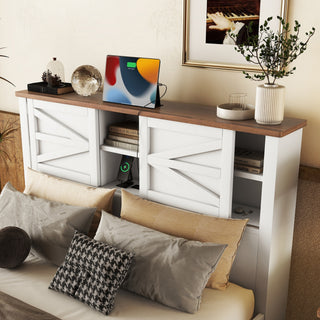 White and Brown Queen Farmhouse Bedroom Set - 3-Piece Storage Bed with Sliding Doors