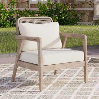 Outdoor acacia wood patio club chair with cream cushions