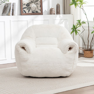 White Faux Fur Bean Bag Chair Sofa w/ Back Support | Fluffy Stuffed Floor Lounger | Cozy, Comfy Seating for Adults & Kids | Bedroom, Apartment, & Living Room Accent