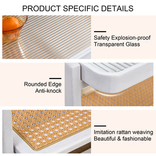 Modern Minimalist White Double-Layered Solid Wood Coffee Table with Glass Top and Imitation Rattan Edge, Rectangular Table for Living Room, Dining Room, and Bedroom