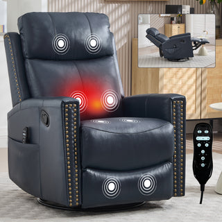 Blue Titan Genuine Leather Recliner – 4-in-1 Rocker, 360° Swivel, & Manual Lounge Chair with Deep-Tissue Heat Massage, High-Density Comfort Foam, & Reinforced Steel Frame for Home Office & Living Room