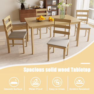 Original Wood 5-Piece Dining Table Set – 100% Solid Wood Rectangular Table and 4 Back Chairs, Practical Household Wooden Dining Room Furniture Set, Heavy Duty Minimalist Kitchen Table Set, 5-Pcs