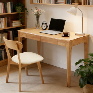 Solid Wood Desk with Drawers, Standing Desk with Smooth Edges, Home Office Desk for Small Spaces, Mid Century Modern Desk for Study, Bedroom, Living Room, Office, (Natural Wood Color)