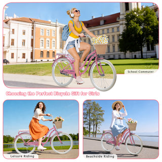 24 Inch Cruiser Bike for Girls, Single Speed Commuter Bicycle with Wicker Basket & Rear Rack, High Carbon Steel Frame Comfort City Bike for Outdoor Riding