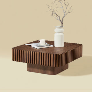 35.43" Modern Handcraft Walnut Drum Coffee Table - Square Wooden Pedestal Center Table