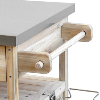 K&K 40.5" Outdoor Grill Cart – Solid Wood Rolling Kitchen Cart with Stainless Steel Top, Drop Leaf, Drawer, Towel Rack & Lockable Wheels for Patio, Lawn & Garden