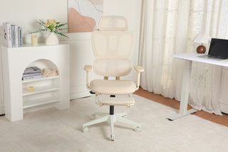 Ergonomic Office Chair with Footrest, High-back Computer Chair with Dynamic Lumbar Support, 2D Headrest & 4D Armrests, Sponge Cushion & Mesh Back, Home Office Chair for Adults, Cream.