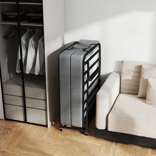Grey folding bed with memory foam mattress and 4 lockable wheels