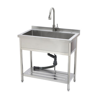 Stainless Steel Freestanding Utility Sink with Pull-Out Faucet, Large Single Bowl, Brushed Nickel, 21'D x 36'W x 35.5'H