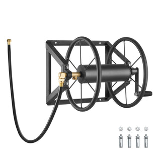 Wall mounted garden hose reel in black steel with brass fittings