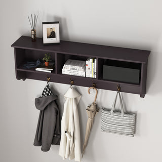 Espresso Entryway Wall Mounted Coat Rack with 4 Dual Hooks Living Room Wooden Storage Shelf