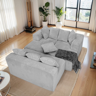 130" Boneless Cloud Couch Sectional – U-Shaped Modular Corduroy Sofa with Chaise, Oversized 4-Seater Living Room Couch, No Assembly Required, Heavy Duty Grey Modular Sectional Sofa