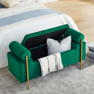 Elegant Upholstered Velvet Storage Bench with Cylindrical Arms and Iron Legs, Green