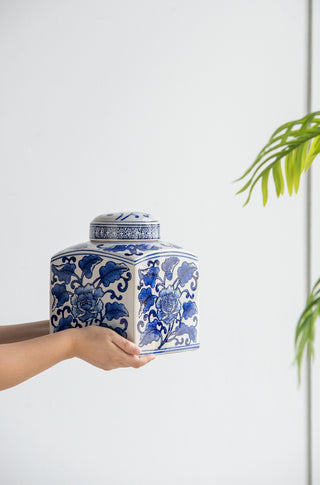 Hand painted blue and white floral ceramic square canister with round lid