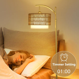 Gold Floor Lamp for Living Room with Remote Control - Dimmable Arc Floor Lamp with 3 Color Temperatures - Boho Standing Lamp with Rattan &amp; Fabric Shades - Modern Tall Adjustable Lamp for Bedroom &amp; Office